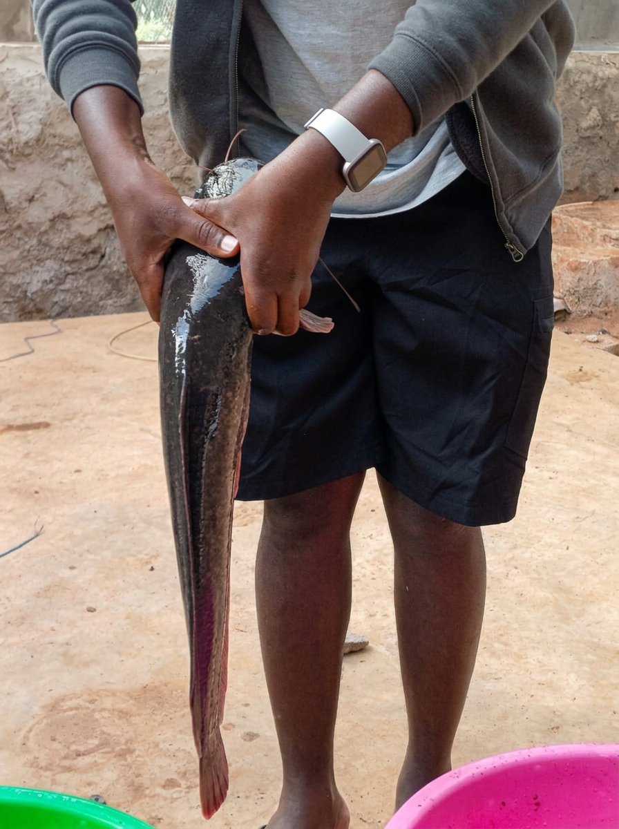 Farmer holding a large African catfish