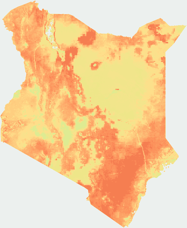 Map of Kenya showing modelled forage levels for September 2026, mostly amber and orange at the end of the dry season.