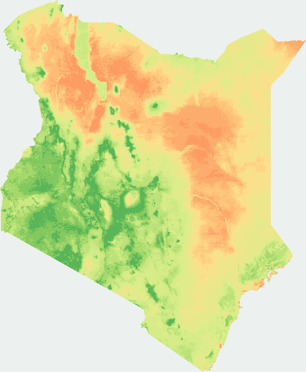 Map of Kenya showing long-term beekeeping suitability, green through the south, west and coastal hinterland, orange across the arid north and north-east.